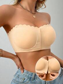 SHEIN Casual Comfy Simple Style Seamless Soft Wireless No Rims Thin Pad Wavy Edge Front Buttoning Jelly Strapless Bra - Apricot - View 3