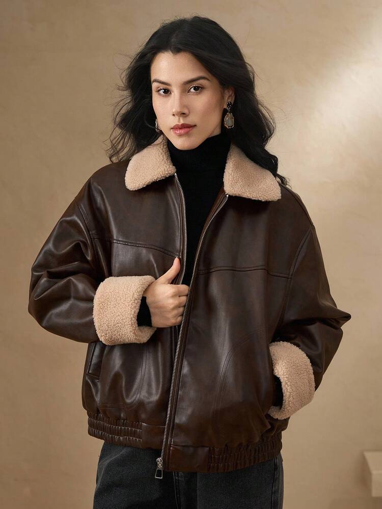 DAZY Casual Contrast Color Collar PU Women Padded Coat Jacket Winter Leather Jacket - Coffee Brown - View 4