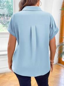 Vionelle 休闲百搭纯色大码女式短袖衬衫，夏季 - 淺藍色 - 查看 2
