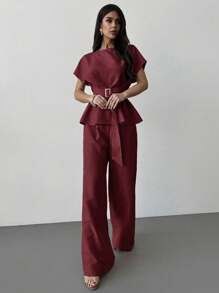 Firerie 春夏新款优雅杏色亚麻竹节领收腰系带上衣&高腰直筒阔腿裤通勤套装亚麻休闲套装度假套装