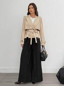 SHEIN Tall 秋冬女士纯色翻领插肩袖短款风衣系腰夹克 - 駝色 - 查看 11