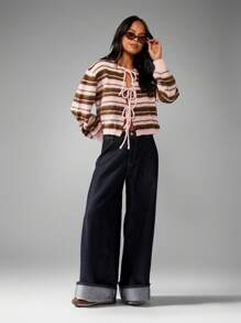 MISSGUIDED Cardigan lasco con fiocco frontale a righe, maglione in maglia soffice per l'autunno/inverno, aperto davanti, con chiusura a nastro, capo di moda autunnale di - Multicolore - Visualizzare 3