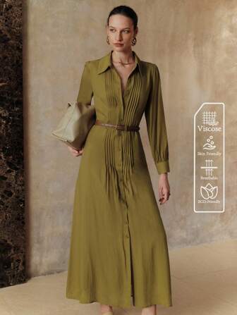 Arave Women's Viscose Fabirc Tencel Pleated Solid Color Shirt Collar  Button Down Long Sleeve Cinched Waist Casual Dress For Daily, Vacation, Date, Commute, Shopping In Summer & Autumn,Fall Dresses For Women,