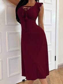 SHEIN 纯色短袖V领系带装饰修身女士休闲连衣裙酒红色连衣裙罗纹连衣裙系带前开襟连衣裙交叉连衣裙荷叶袖连衣裙 - 酒紅色 - 查看 3