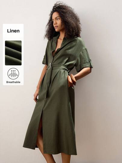 Maija Women's Olive Green Waist Belt Decor Casual Shirt Dress, Loose Fit V-Neck Short Sleeve Button Front, Fashion & Comfort, Suitable For Summer And All Seasons Business Casual Women's Office Wear Low-Key Old Money Style Effortless Temperament High-End Urban Commuting King Magazine Editor-In-Chief Same Style Urban Social Vacation Party Wear Charming Women's Airport Clothing Stockholm Style