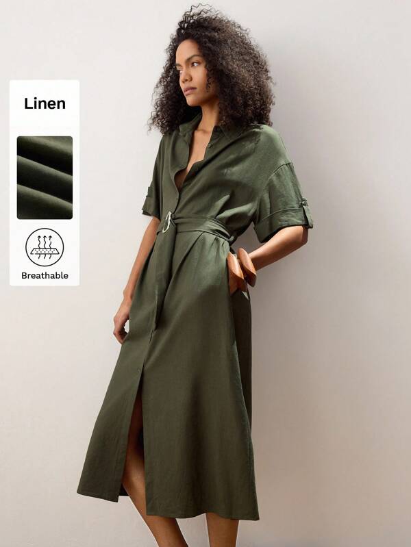 Maija 女式橄榄绿色腰带装饰休闲衬衫裙，宽松 V 领短袖前扣，时尚舒适，适合夏季和所有季节