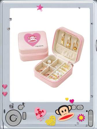 Paul Frank X ROMWE Small Jewelry Box, Women's And Men's Travel Jewelry Box, Pu Jewelry Rack, Storage Rack, Pink Ring And Earring Storage Box