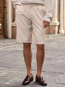 HIMLAND Herren Lässig Gerade Bein Plissee Shorts, Neuer Sommer Stil Hochtaillierte Beige Kleidershorts, Old Money