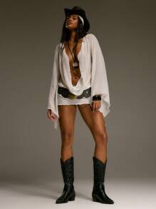 MUSERA 超低胸针织长袖迷你连衣裙，西部乡村风，秋季街头服饰，节日优雅，Y2K性感可爱，90年代波西米亚风，中西部派对，夏季新娘单身派对，告别单身，婚礼 - 杏色 - 查看 4