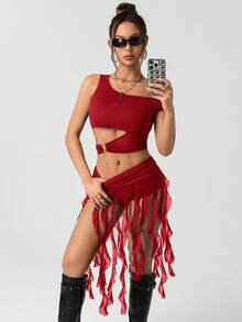 SHEIN ICON 女式低腰黑色高开衩不对称网眼垂坠不对称下摆半身裙 - 酒紅色 - 查看 5