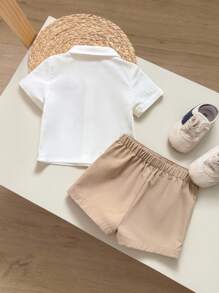 新生男婴/女婴可爱夏季休闲百搭都市白色短袖衬衫、松紧腰卡其色短裤套装