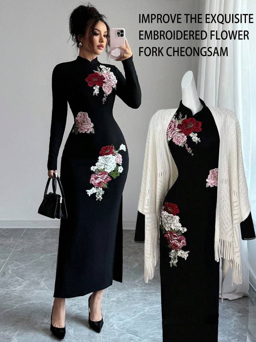 Elenzga 女士黑色立领修身旗袍连衣裙，优雅刺绣高端旗袍 - 彩色 - 查看 1