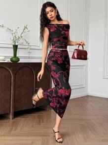 EastFlair 女式花卉印花不对称短款上衣和褶皱迷你裙两件套