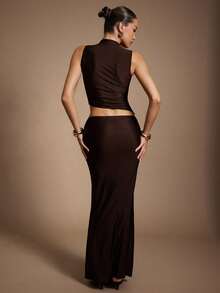 Hauture 女士深棕色亮面镂空链条装饰上衣 - 棕色 - 查看 6