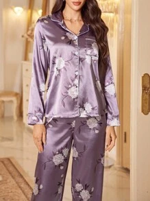 LuxeNights 优雅印花缎面紫色长袖上衣和裤子女士睡衣套装，秋冬舒适优雅睡衣套装，细节精致 - 淺灰紫 - 查看 6