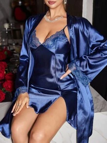 SilkySpell 2pcs Women Sexy Deep V Lace Cami Dress & Elegant Satin Belted Robe Sleepwear Set, Suitable For All Seasons Satin Lingerie Set, Silk Royal Blue Lingerie Robe Set, Fall Winter Clothes - Navy Blue - View 6