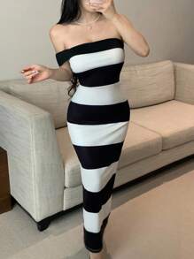 Celisse Neues Mode breites Streifen Off-Shoulder Schlitz Maxikleid aus Strick