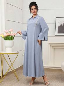 Yasmyna Women's Sequin Patchwork Long Sleeve Loose Arabic Style Dress Sequin Fall Women Clothes Traditional Arab Clothing Blue Dress