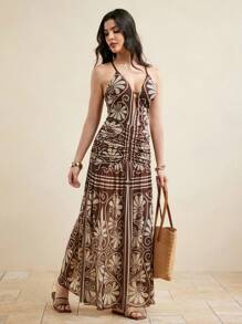 JIAN LASALA 复古印花网纱波西米亚风度假连衣裙，配有可调节肩带，女士长款连衣裙，棕色长款连衣裙，棕色印花长款连衣裙，棕色夏季连衣裙，棕色度假连衣裙，棕色图案长款连衣裙，约会之夜服装，女士婚礼宾客晚礼服，婚礼宾客奢华装扮 - 棕色 - 查看 7