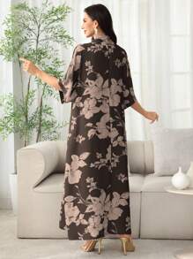 Al Najma 2025夏季新款阿拉伯风格女中袖碎花连衣裙，休闲度假时尚长款衬衫 - 咖啡棕 - 查看 2