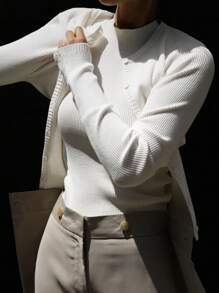 DAZY Áo khoác cardigan dệt kim bo gân màu trắng ôm vừa vặn dành cho nữ - trắng - Xem 6