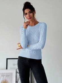 Firerie Women's Minimalist Elegant Casual College Style Versatile White Crew Neck Cable Knit Button Decor Fitted Sweater In Fall/Winter