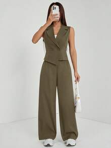 SHEIN PETITE Setelan Musim Gugur Dua Potong 2pcs/Set Wanita Atasan Tanpa Lengan dan Celana Warna Polos, Pakaian Musim Gugur untuk Wanita Bertubuh Mungil - Hijau Tentara - View 3