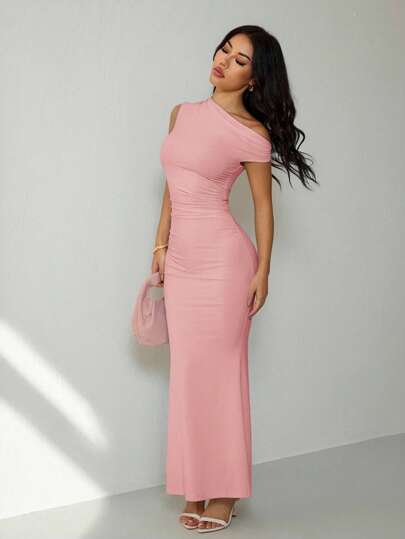 SHEIN PETITE Summer Clothing, Daily Date And Travel Outfits, Party Outfits, Elegant Women's Inner Outfits, Going Out Outfits, Sloping Shoulder Asymmetrical Extra-Long Fishtail Dress, Club Women Outfits, Date Outfits, Banquet Dresses Pink Bodycon Maxi Dress Long Tight Dress One Shoulder Bodycon Dress Pink Maxi Dress,Wedding Guest Dress