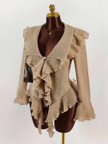 SHEIN CURVE+ Áo khoác cardigan tay loe bèo nhún cỡ lớn thời trang thu đông cho nữ phong cách mới, thời trang, gợi cảm, ngọt ngào, cỡ lớn - Màu Khaki - Xem 4