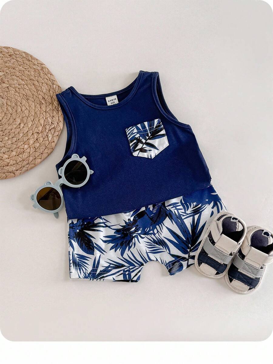 男嬰熱帶圖案補丁貼口袋背心上衣和短褲 - 藍白色 - 查看 1