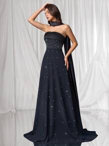 Coutiva 女式水钻装饰露肩正式晚礼服，束腰，优雅 - 黑色 - 查看 8