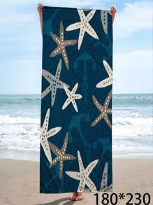 SHEIN GEL HUT MUN 1 件超大速干沙滩巾 - 柔软吸水超细纤维，带有海星和海马印花，蓝色海岸设计，适用于海滩、泳池、运动和健身，沙滩毯夏季假日浴室装饰旅行必需品旅行配件 - 彩色 - 查看 10
