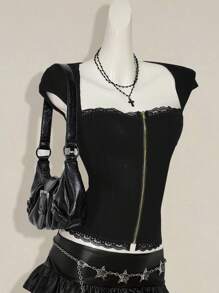 SHEIN ICON Y2k Summer Going Out Burgundy Goth Women's Casual Zipper Crew Neck T-Shirt, Minimalist & Fashionable, Suitable For Summer - Black - View 3