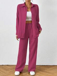 SHEIN PETITE 女式纯色长袖单排扣衬衫和裤子休闲两件套 - 玫紅色 - 查看 6