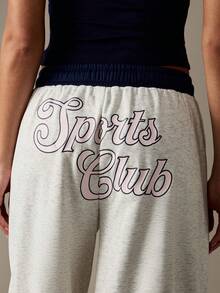 MISSGUIDED 女式阔腿运动裤运动俱乐部图案设计休闲家居裤混色撞色腰带抽绳舒适家居服街头时尚秋冬 - 淺灰色 - 查看 4