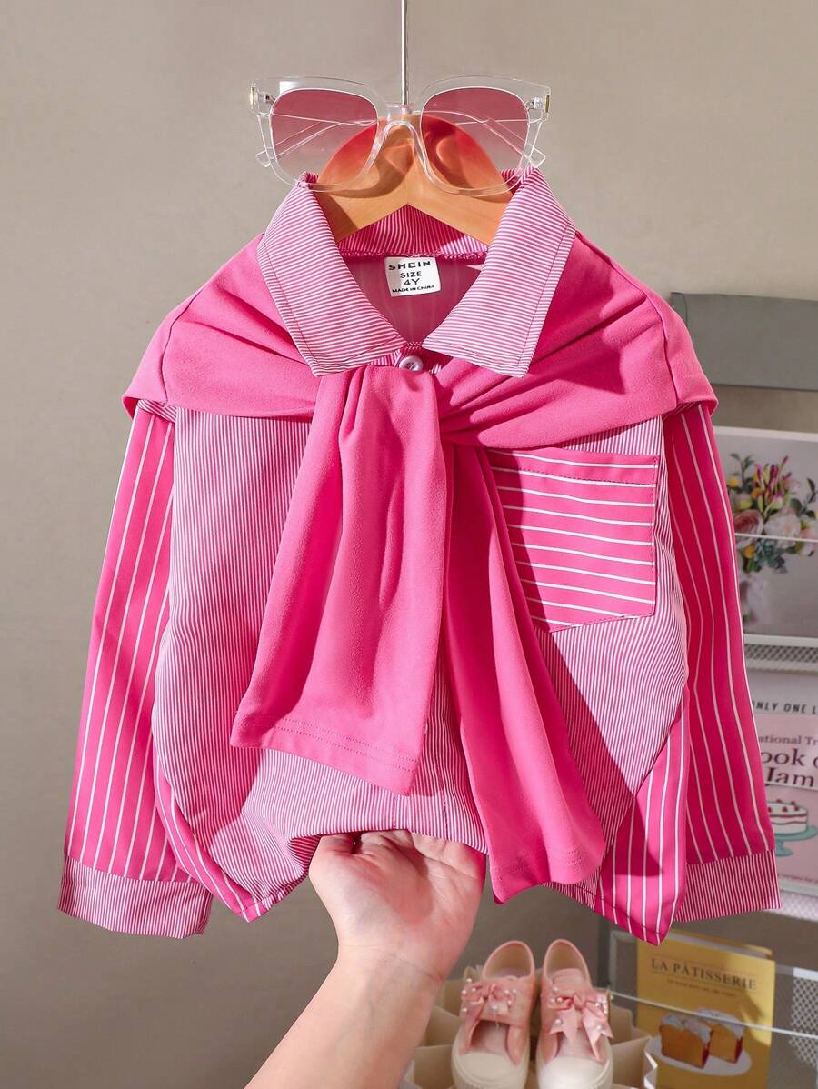SHEIN Explorewe 2件套年轻女孩休闲条纹印花长袖开衫衬衫+玫红色披肩，秋冬 - 玫紅色 - 查看 1