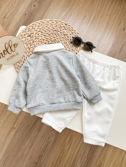 2pcs Baby Boy/Girl Light Grey Letter Pattern Lapel Top & Elastic Waist Pants Outfit,Autumn Casual Page Boy Back-To-School,Birthday Party,Wedding Set