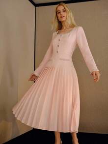 MOTF PREMIUM BEADED FAUX PEARL TRIM RHINESTONE DETAIL PLEATED HEM DRESS - Pink - View 5