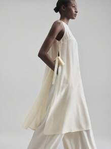 Ontre Áo midi cổ tròn không tay bằng vải lanh pha len dành cho nữ, xẻ cao, dáng rộng, thời trang, thích hợp mặc vào mùa xuân/hè, mặc hàng ngày, màu mơ - Màu be - Xem 3