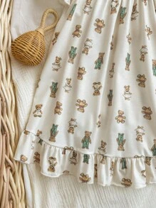 Bé Gái Dễ Thương ASlouchylouchy Họa Tiết Gấu Dệt Kim Váy Ngủ Có Đường Viền Cổ Bong Bóng Và Viền Ruffle Viền - Màu Khaki - Xem 6