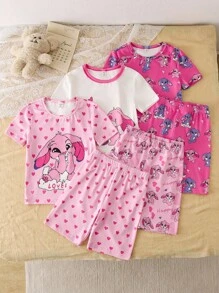 6 件套大女孩圆领针织短袖短裤睡衣套装，有趣的蓝色和洋红色兔子拼色，时尚百搭的家居服和睡衣 - 彩色 - 查看 3