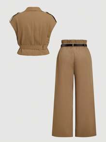 SHEIN MOD 加大码咖啡棕色优雅百搭无袖亚麻腰带短款风衣背心和高腰阔腿裤两件套，优雅，两件套女士，摩卡棕色，秋冬女士教师装 - 咖啡棕 - 查看 2