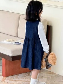 Genkimix Kids 2 pezzi Set di Vestito Salopette in Jeans e Maglietta Bianca a Maniche Lunghe per Ragazze, Abbigliamento per il Ritorno a Scuola, Divisa Scolastica, Outfit per il Ritorno a Scuola dei Bambini - Blu Navy - Visualizzare 2