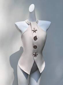 Glamine Camisa informal elegante sin mangas de color albaricoque Ine de metal con hebilla para mujer, ropa de otoño para mujeres, de vuelta a la escuela