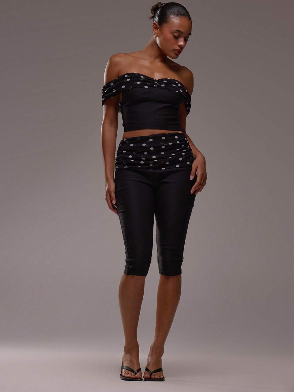Polka Dot Mesh Panel Fitted Stretch Woven Capri Pants Back To School Cute Elegant Coolgirl Sexy Old Money Summer Casual