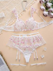 SHEIN 5 件套女士浪漫田园系列透明网眼刺绣钢圈性感花卉内衣套装，卡哇伊内衣生日内衣，外出 - 白色 - 查看 1