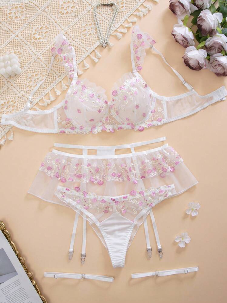 SHEIN 5 件套女士浪漫田园系列透明网眼刺绣钢圈性感花卉内衣套装，卡哇伊内衣生日内衣，外出 - 白色 - 查看 1