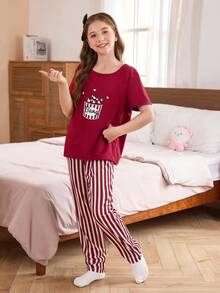 SHEIN 心形印花短袖条纹短裤女童睡衣套装 - 酒紅色 - 查看 3
