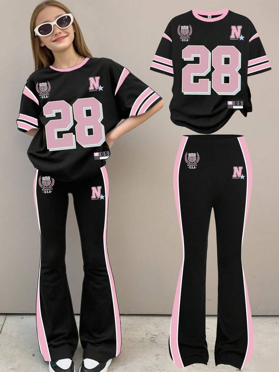 SHEIN 2pcs/Set Tween Girls Casual Loose Fit Numeric 28 Graphic Tee And Flare Pants Outfit, Black & Pink, Suitable For Summer Outings, Easy Comfort, Autumn Layers, Stylish Kids, Casual Wear, Kids Graphic Clothes, Back To School, Fall Clothes, Homecoming, Suitable For Outdoor Picnics, Outings, Street Style, Home, And School - Multicolor - View 1
