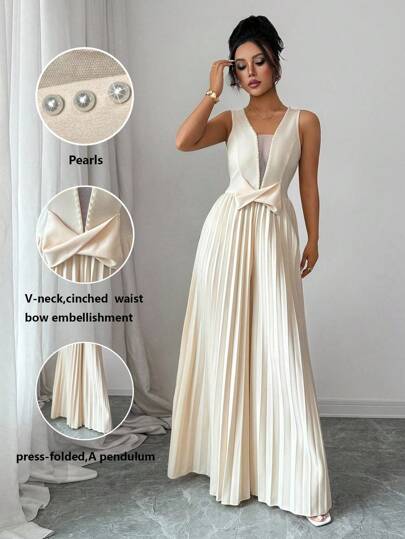 Lyxana Women's Sleeveless V-Neck Ruffle Pearl Decor Pleat A-Line Bow Elegant Romantic Jumpsuit